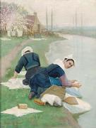 Lionel Walden Women Washing Laundry on a River Bank, oil painting by Lionel Walden USA oil painting artist